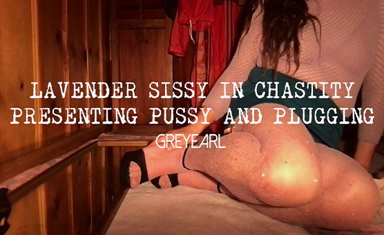 Lavender Sissy In Chastity Presenting Pussy And Plugging